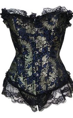 Vintage Classical Blue and Gold Tapestry in Floral trimmed and black flare ruffles design corset